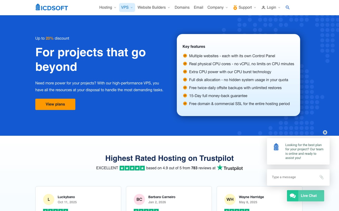 ICDSoft public page captured in a desktop browser