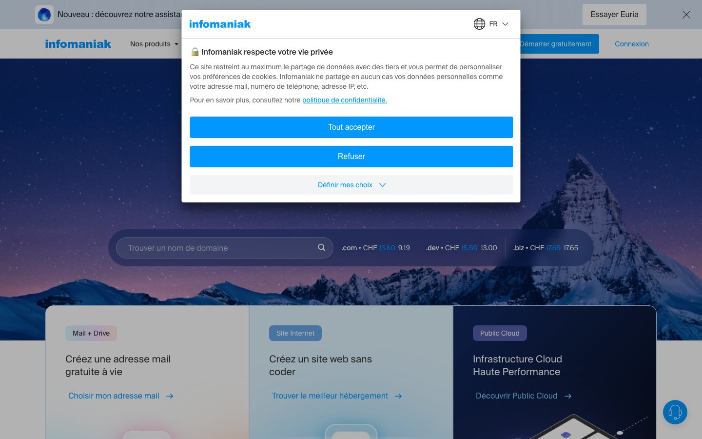 Infomaniak public page captured in a desktop browser