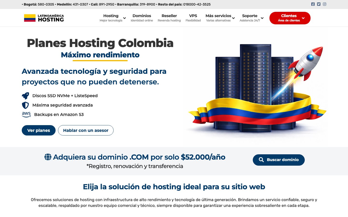 Latinoamerica Hosting Colombia public page captured in a desktop browser