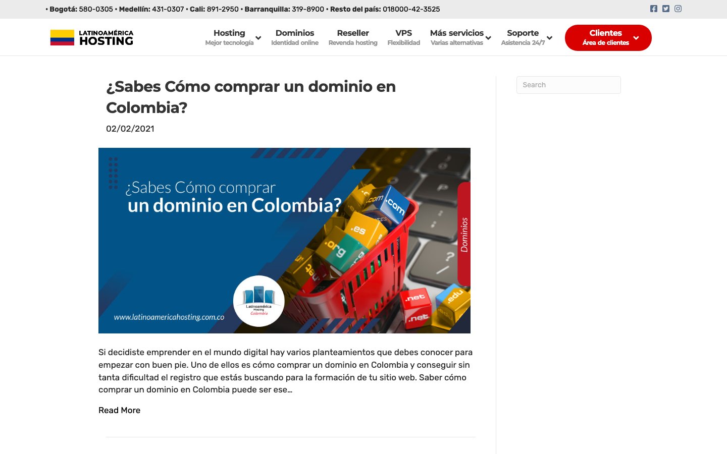 Latinoamerica Hosting Colombia public page captured in a desktop browser