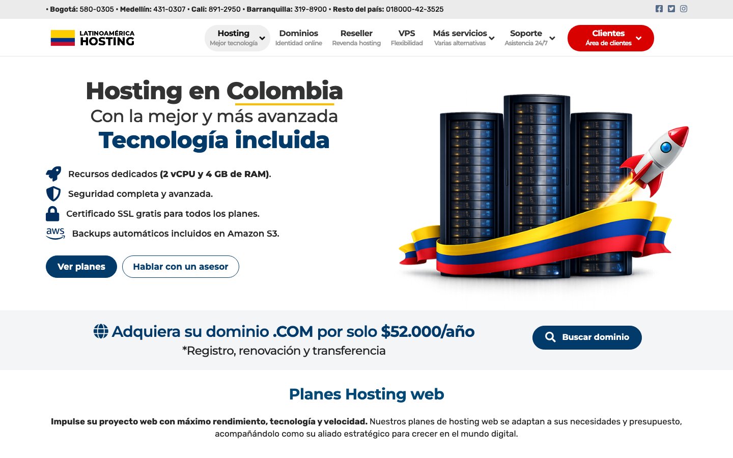 Latinoamerica Hosting Colombia public page captured in a desktop browser