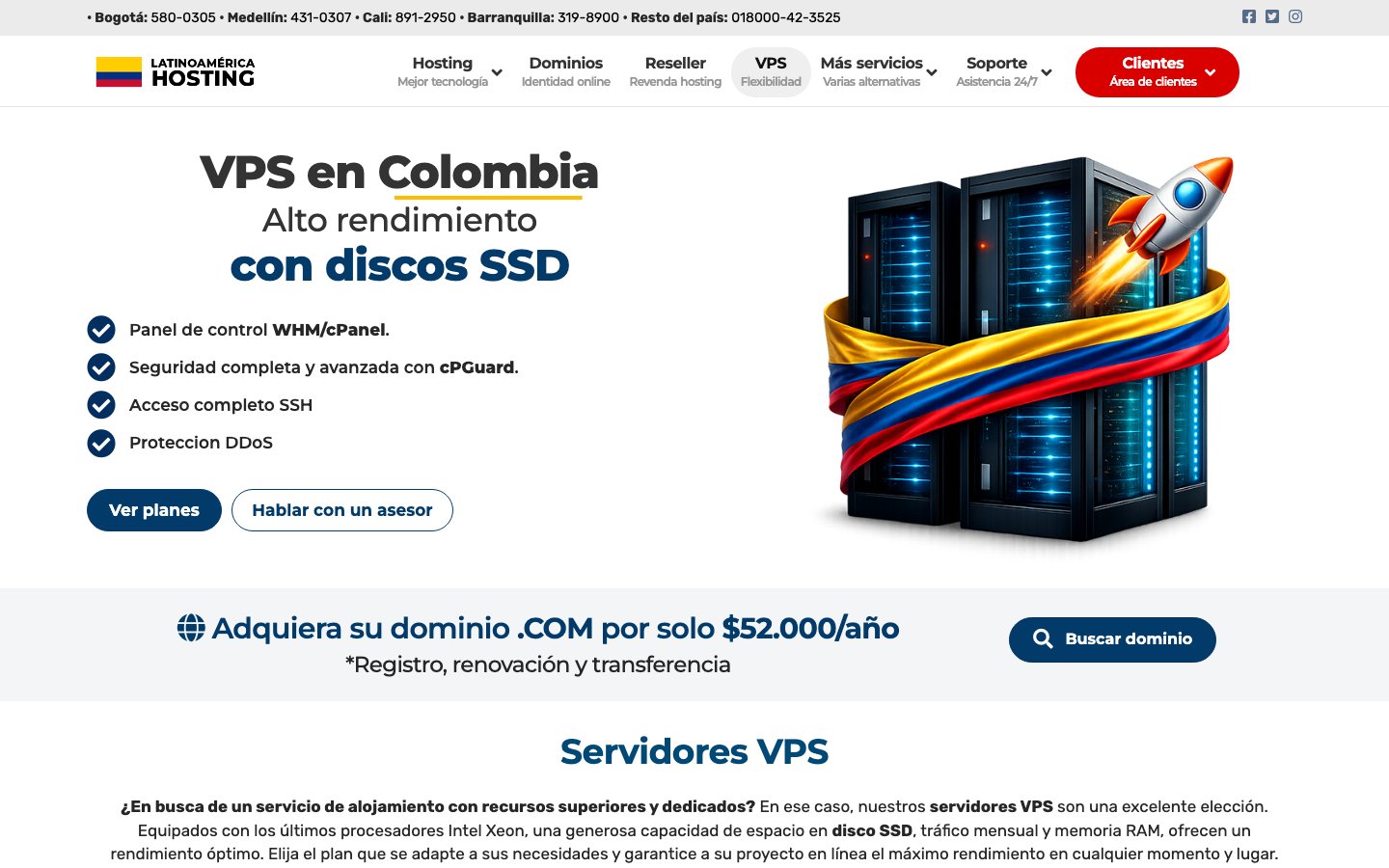 Latinoamerica Hosting Colombia public page captured in a desktop browser
