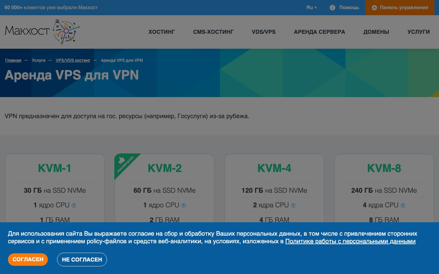 McHost.ru public page captured in a desktop browser