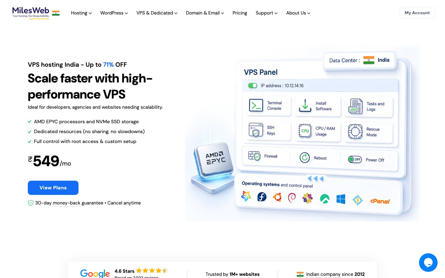 MilesWeb public page captured in a desktop browser