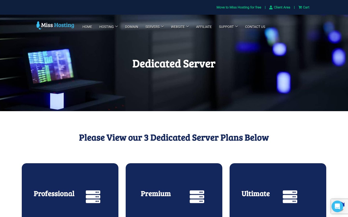 Miss Hosting public page captured in a desktop browser