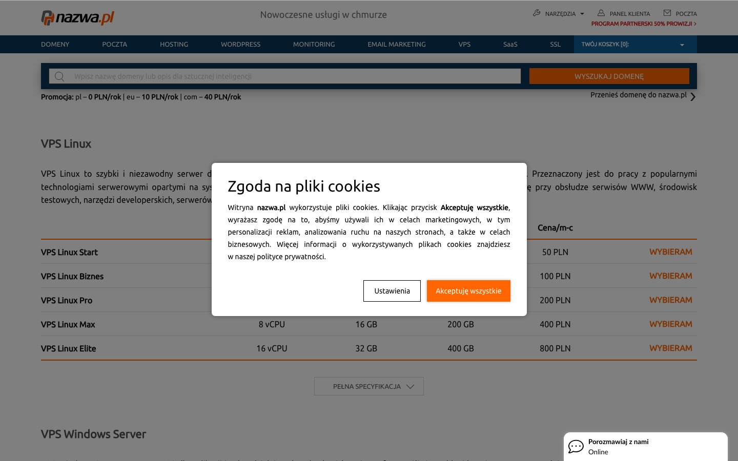 nazwa.pl public page captured in a desktop browser