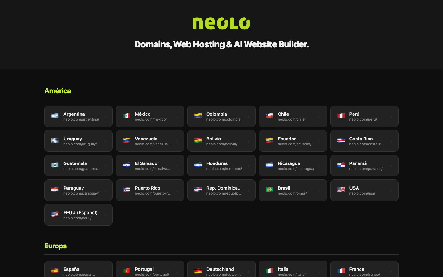 Neolo Web Hosting public page captured in a desktop browser