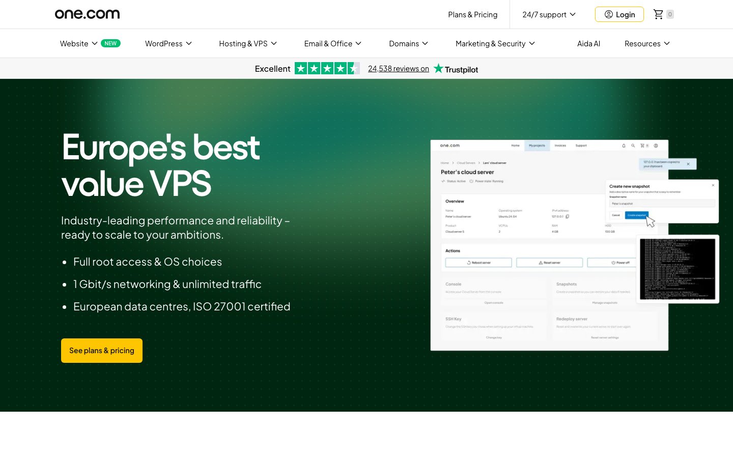 One.com public page captured in a desktop browser