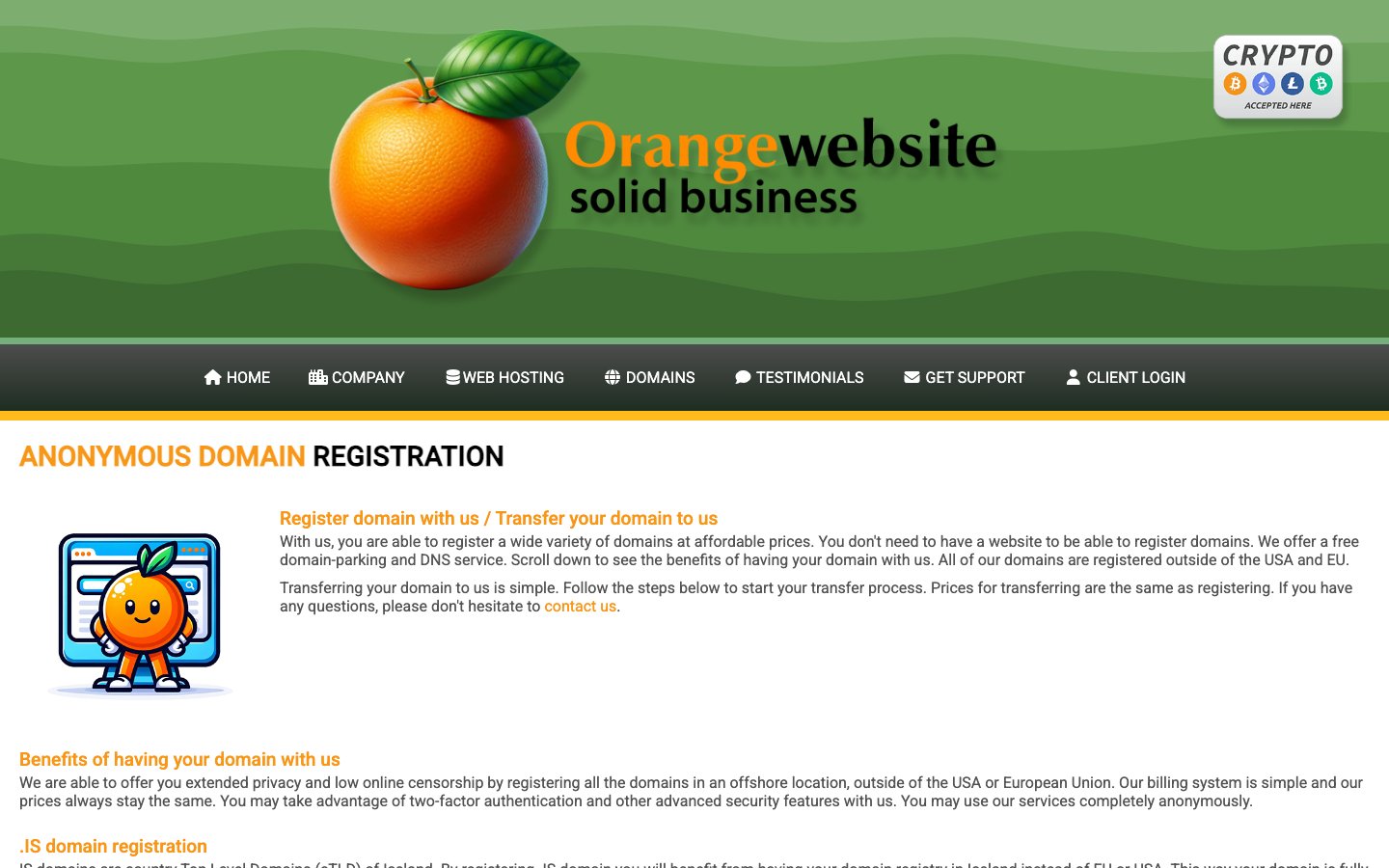 OrangeWebsite public page captured in a desktop browser