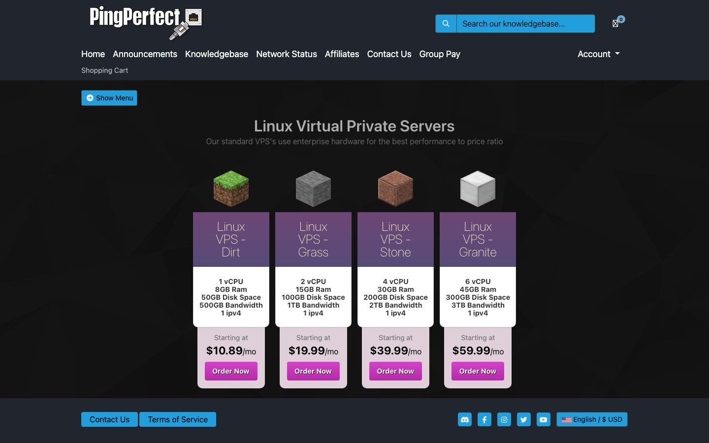 PingPerfect public page captured in a desktop browser