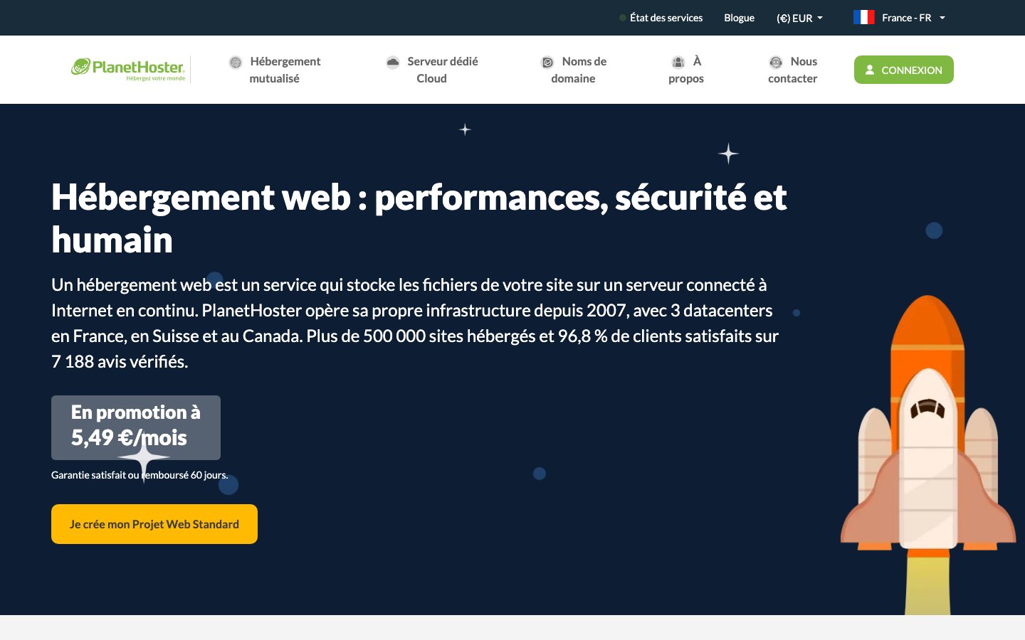 PlanetHoster public page captured in a desktop browser