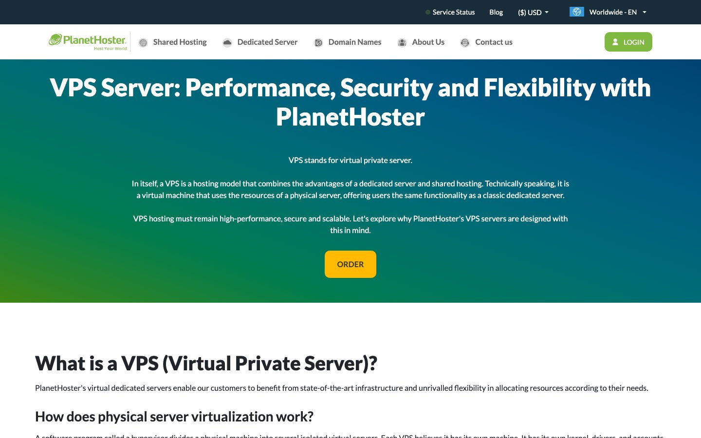 PlanetHoster public page captured in a desktop browser