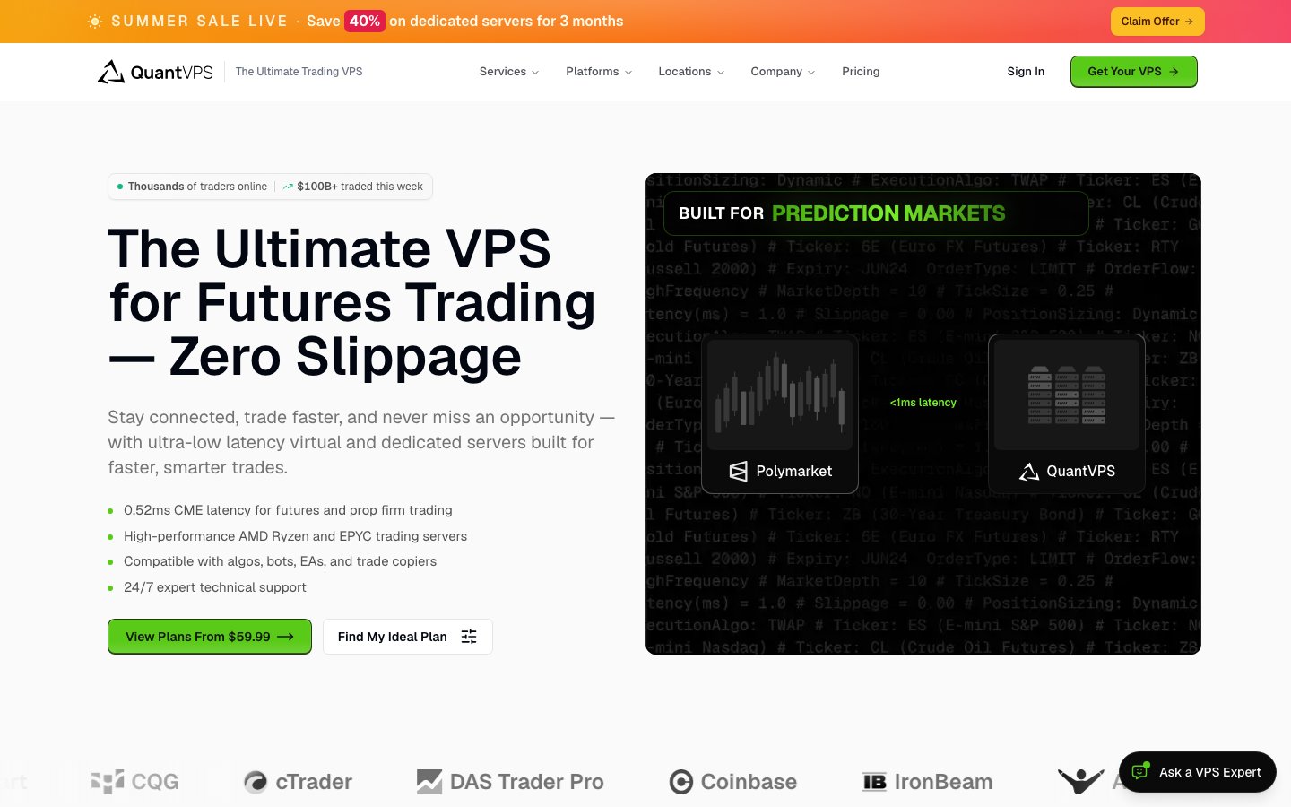 QuantVPS | High-Performance Trading VPS public page captured in a desktop browser