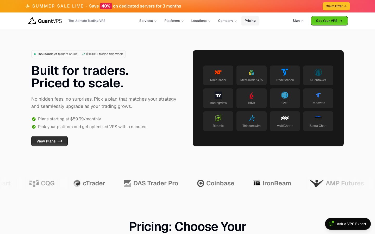QuantVPS | High-Performance Trading VPS public page captured in a desktop browser