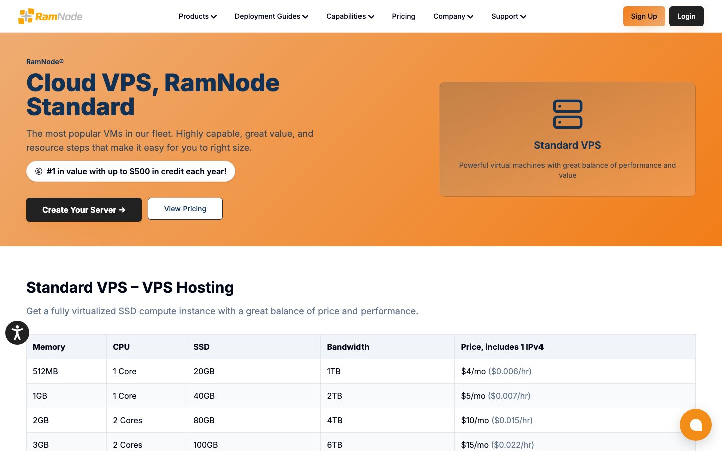 RamNode public page captured in a desktop browser