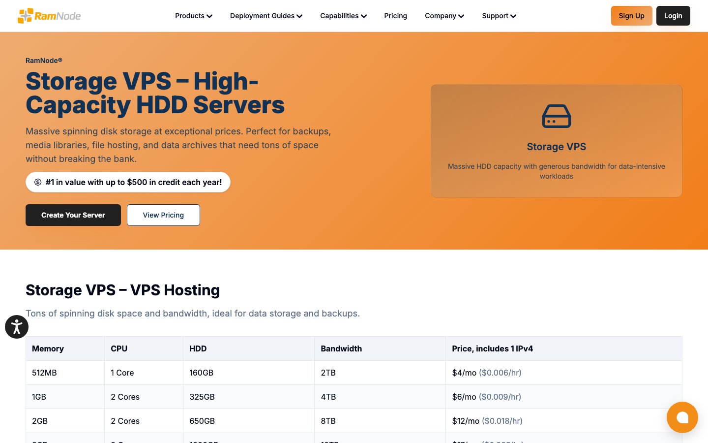 RamNode public page captured in a desktop browser