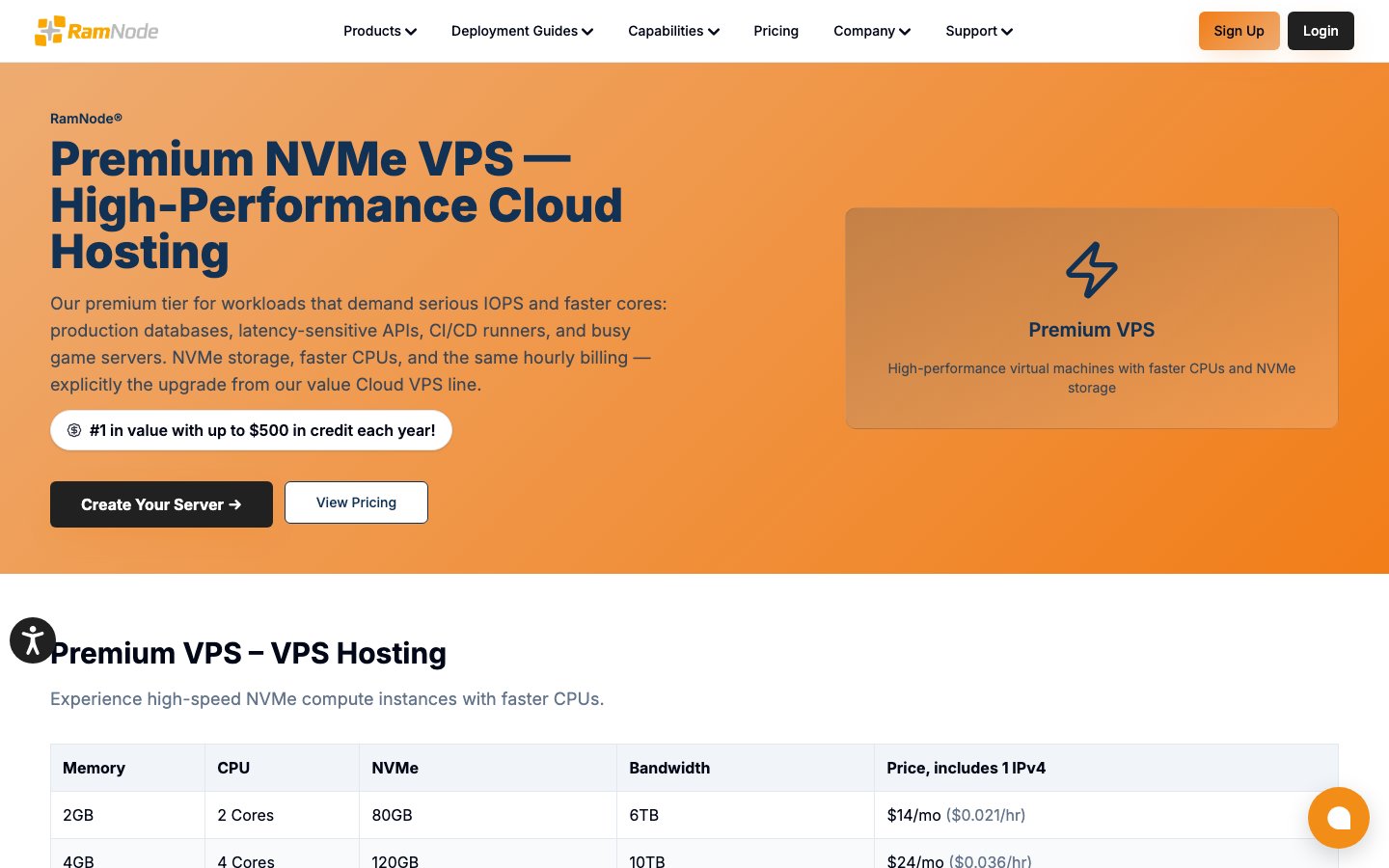 RamNode public page captured in a desktop browser