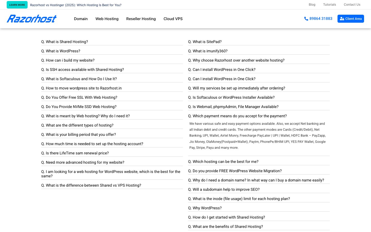 Razorhost public page captured in a desktop browser