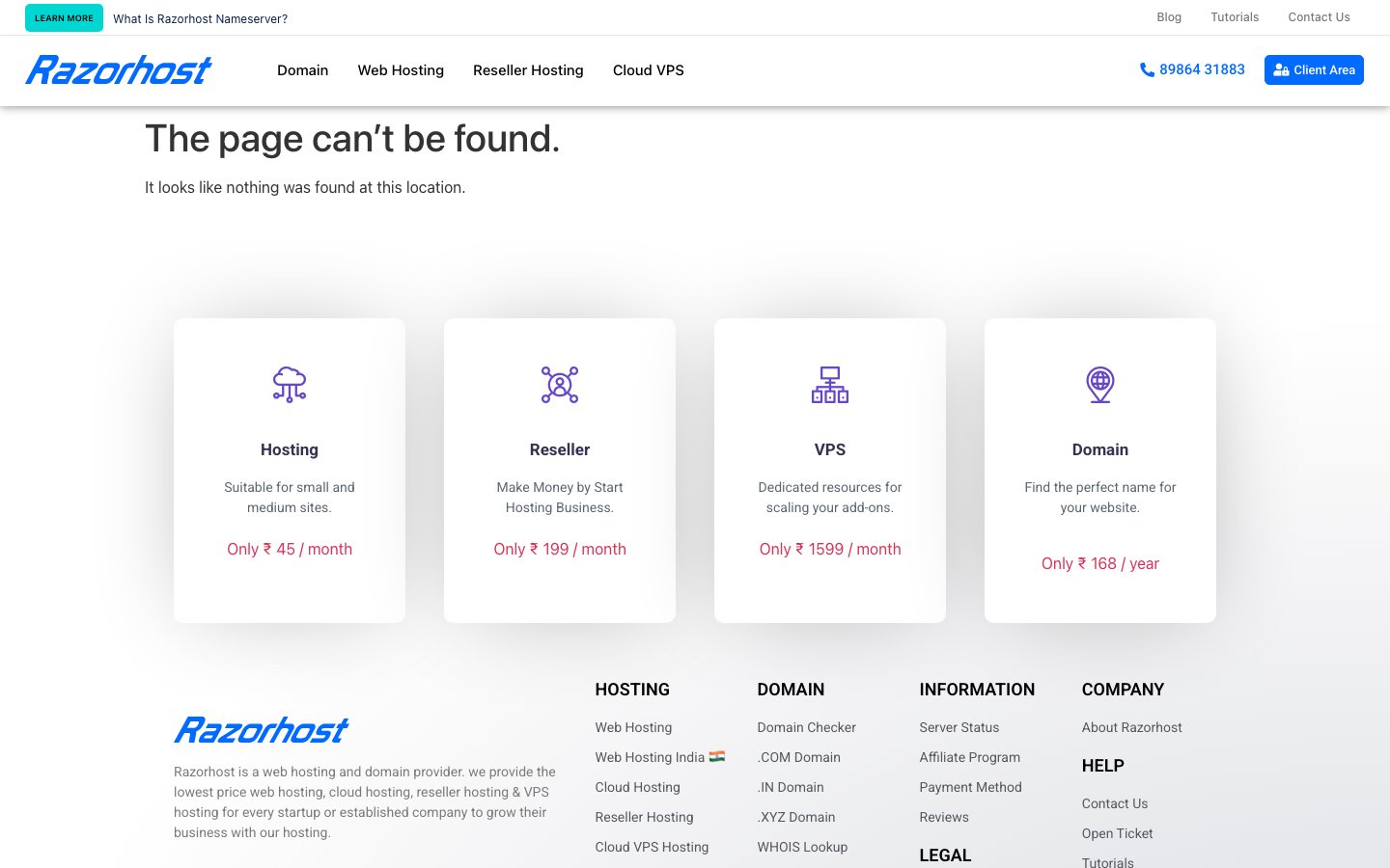 Razorhost public page captured in a desktop browser