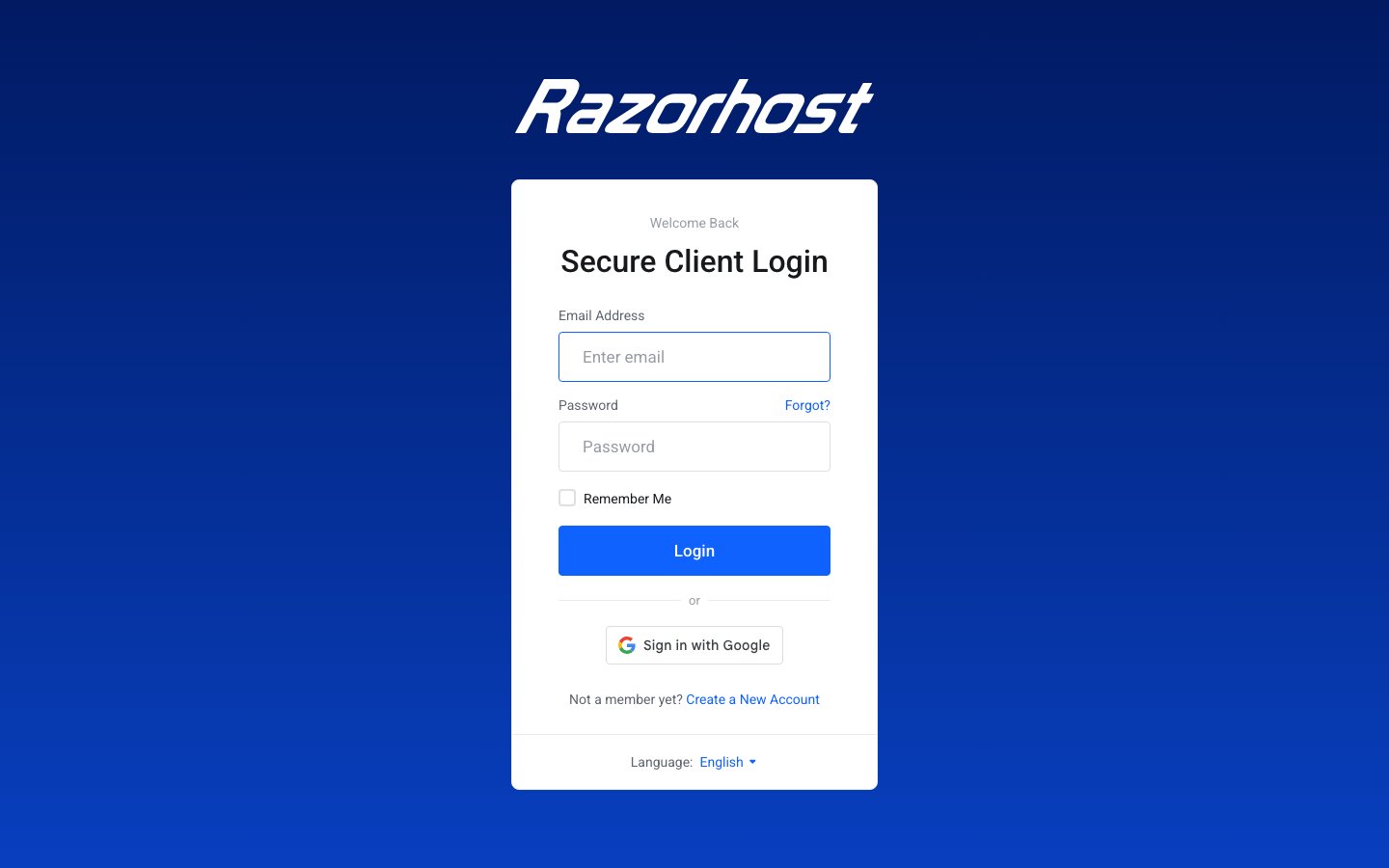 Razorhost public page captured in a desktop browser