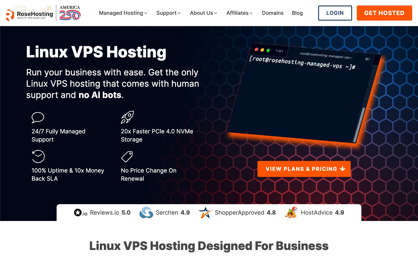 RoseHosting public page captured in a desktop browser