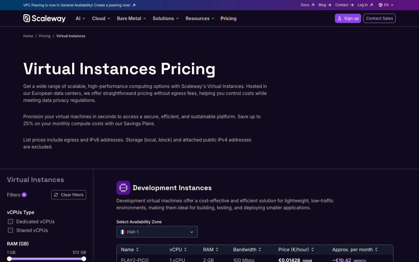 Scaleway public page captured in a desktop browser