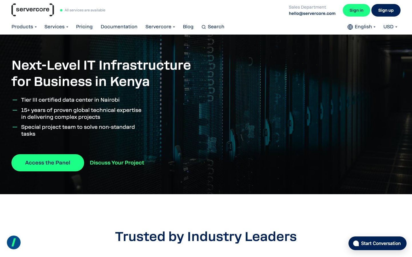 Servercore public page captured in a desktop browser