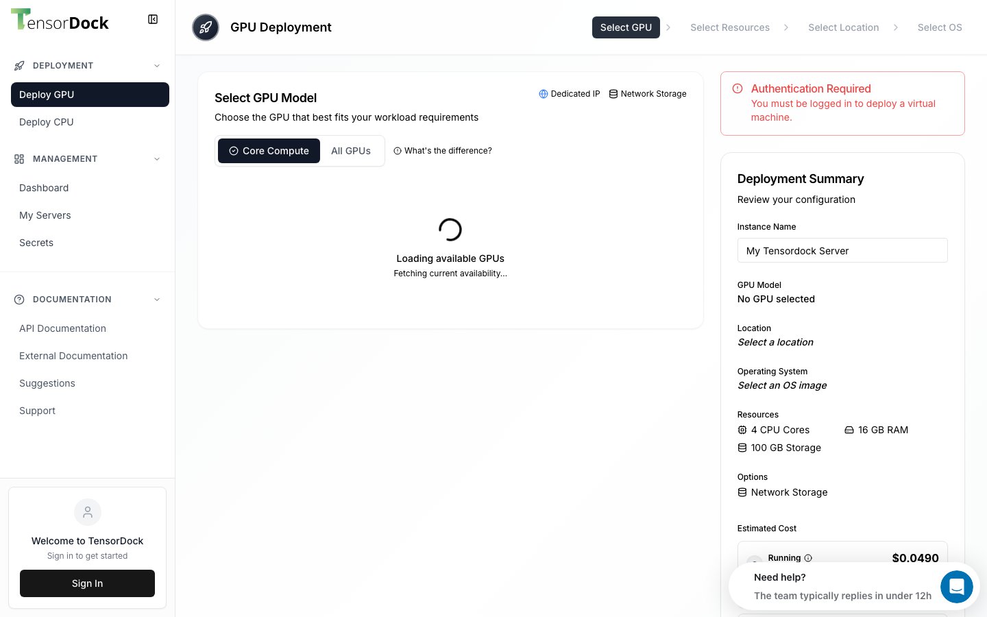 TensorDock public page captured in a desktop browser