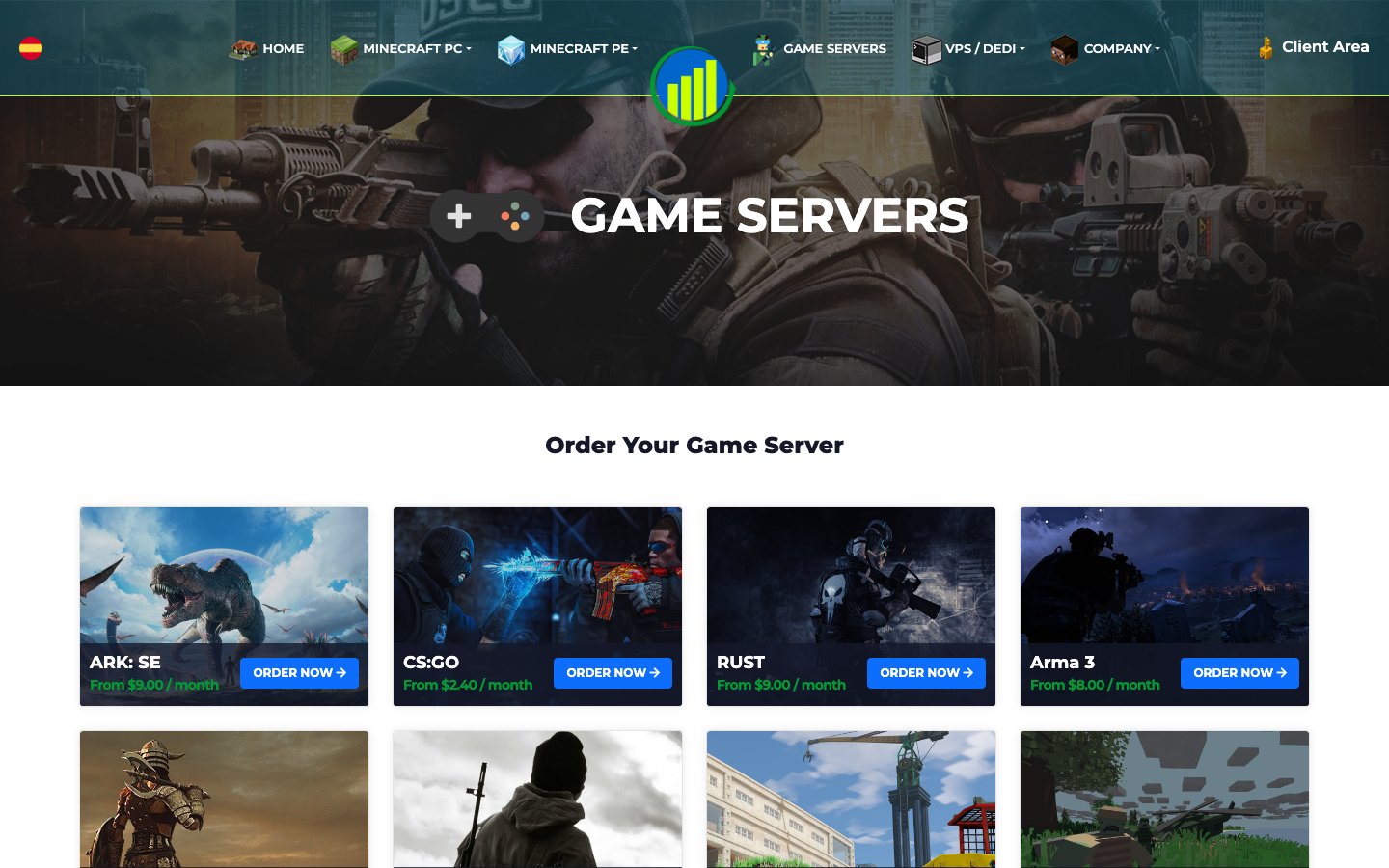 TheMinecraftHosting public page captured in a desktop browser