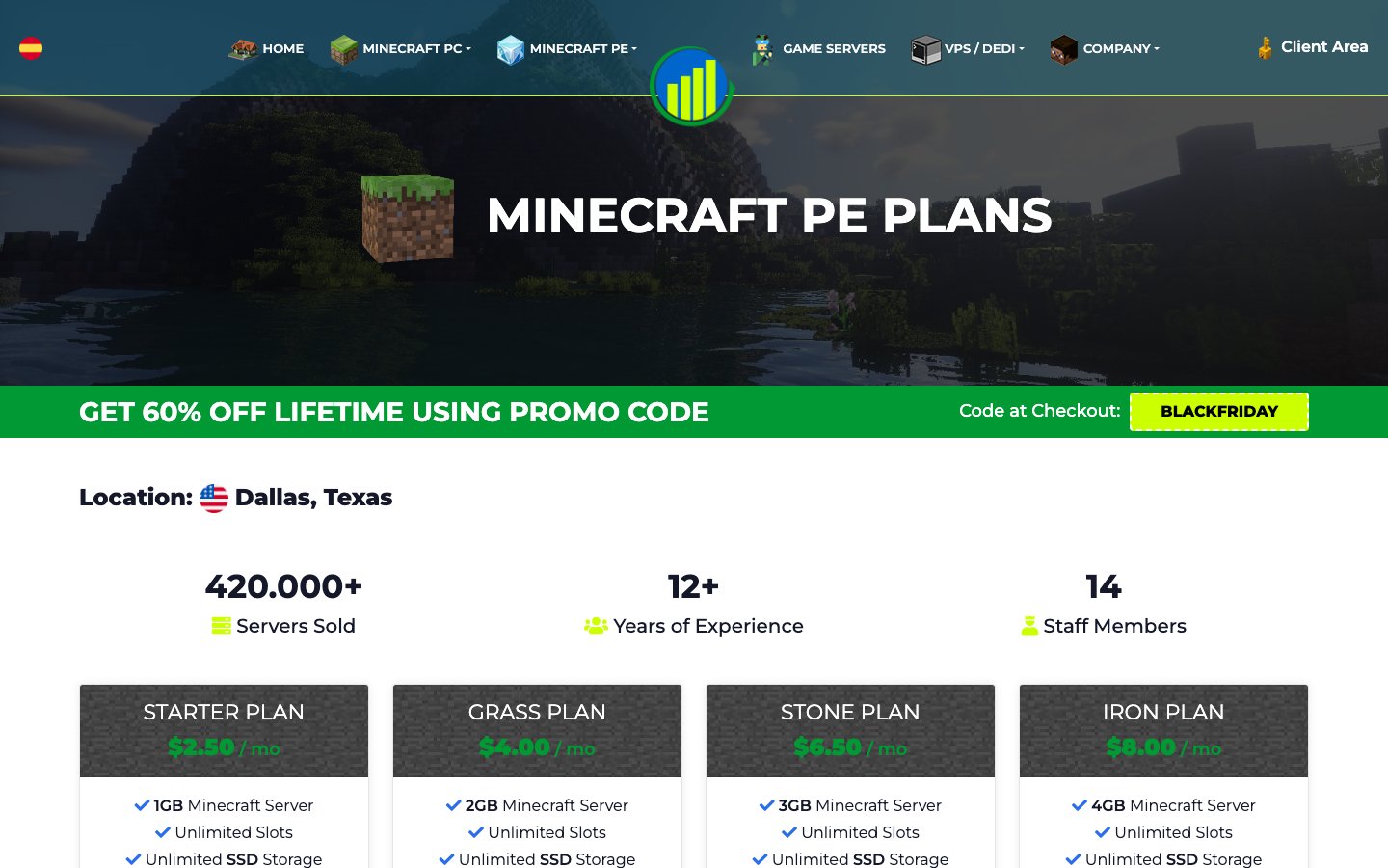 TheMinecraftHosting public page captured in a desktop browser