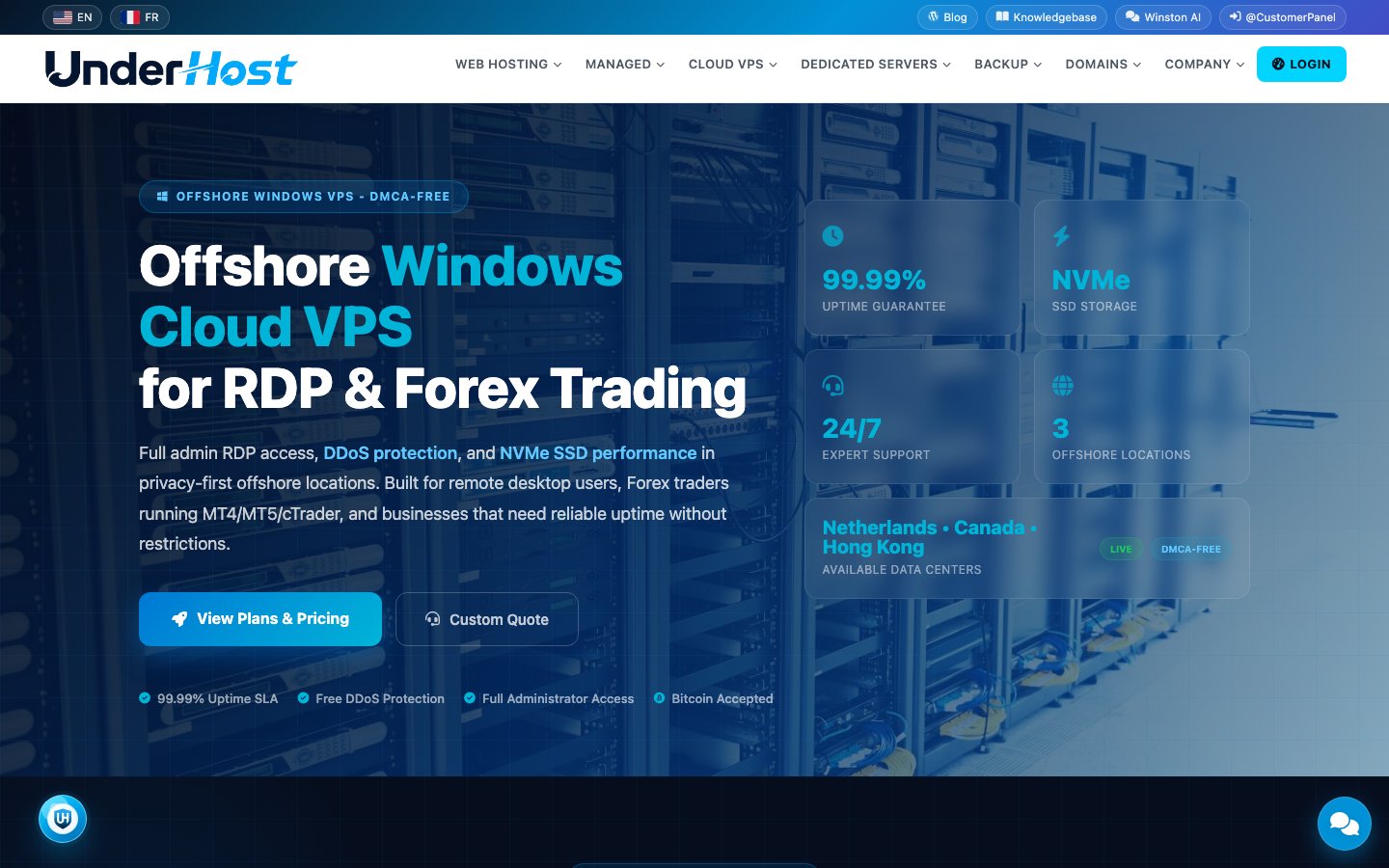UnderHost public page captured in a desktop browser