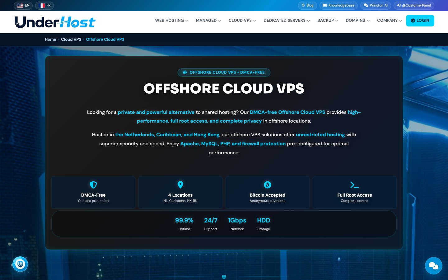 UnderHost public page captured in a desktop browser