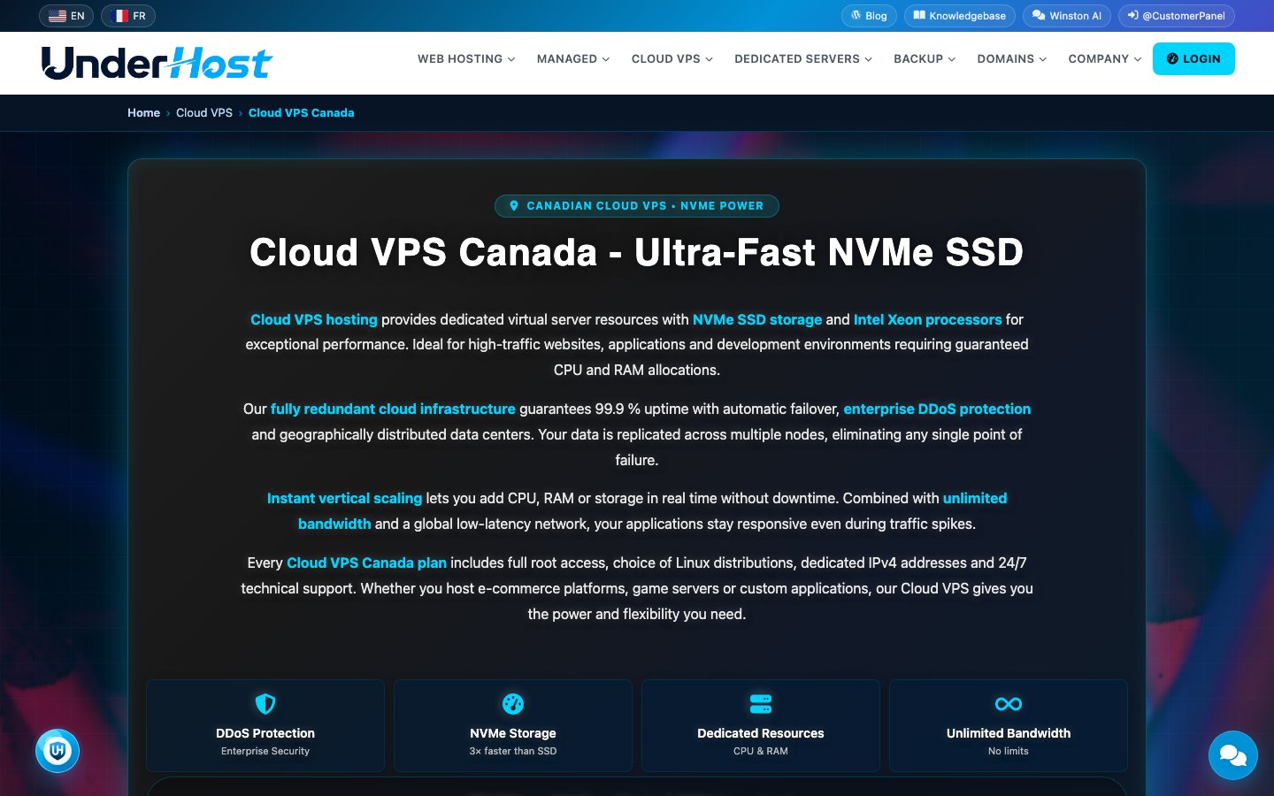 UnderHost public page captured in a desktop browser