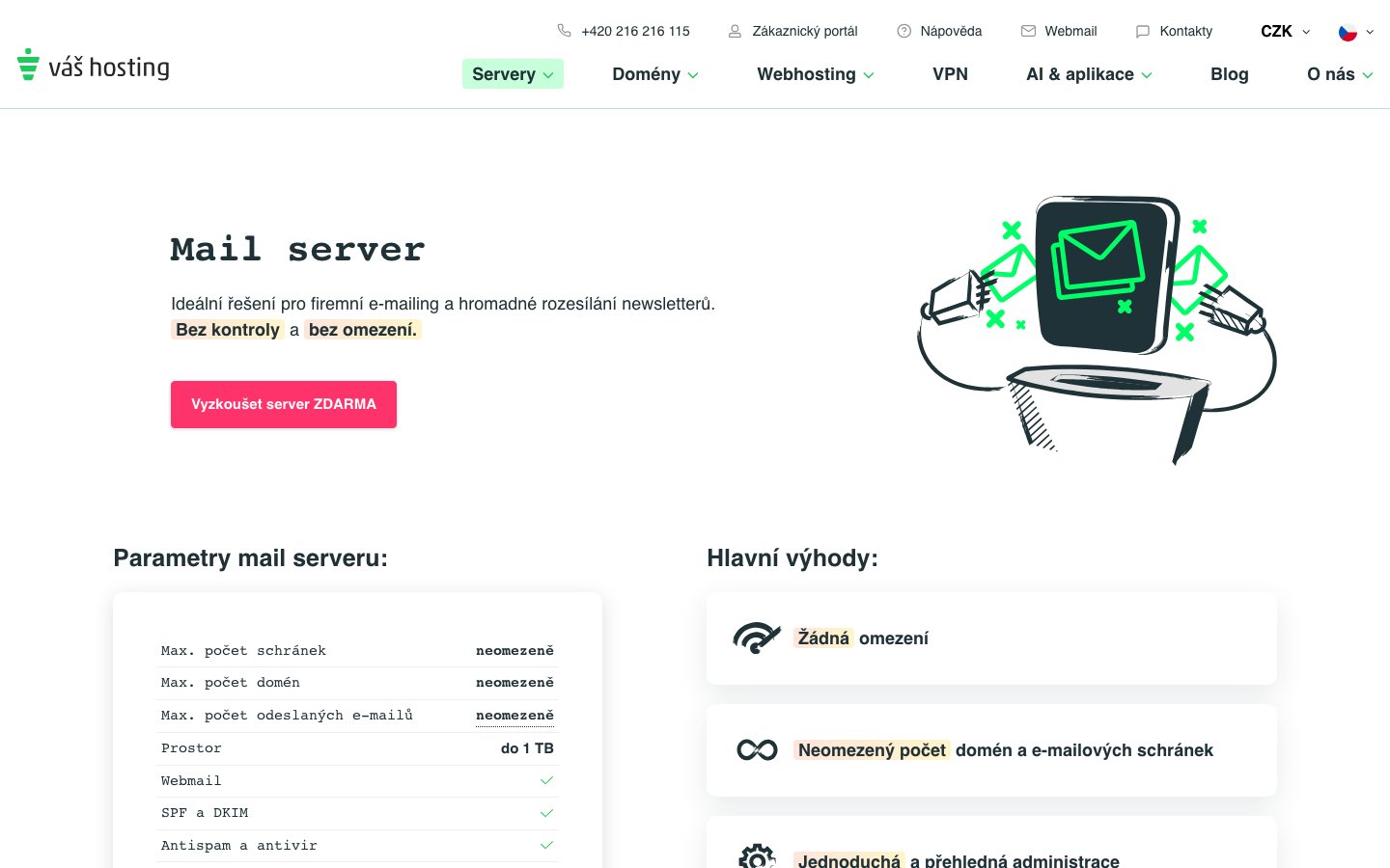 Váš hosting public page captured in a desktop browser