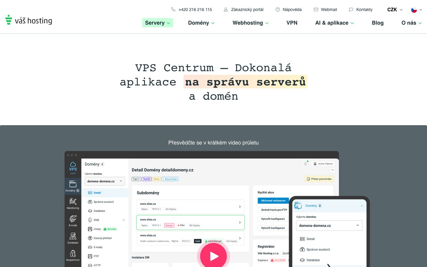 Váš hosting public page captured in a desktop browser