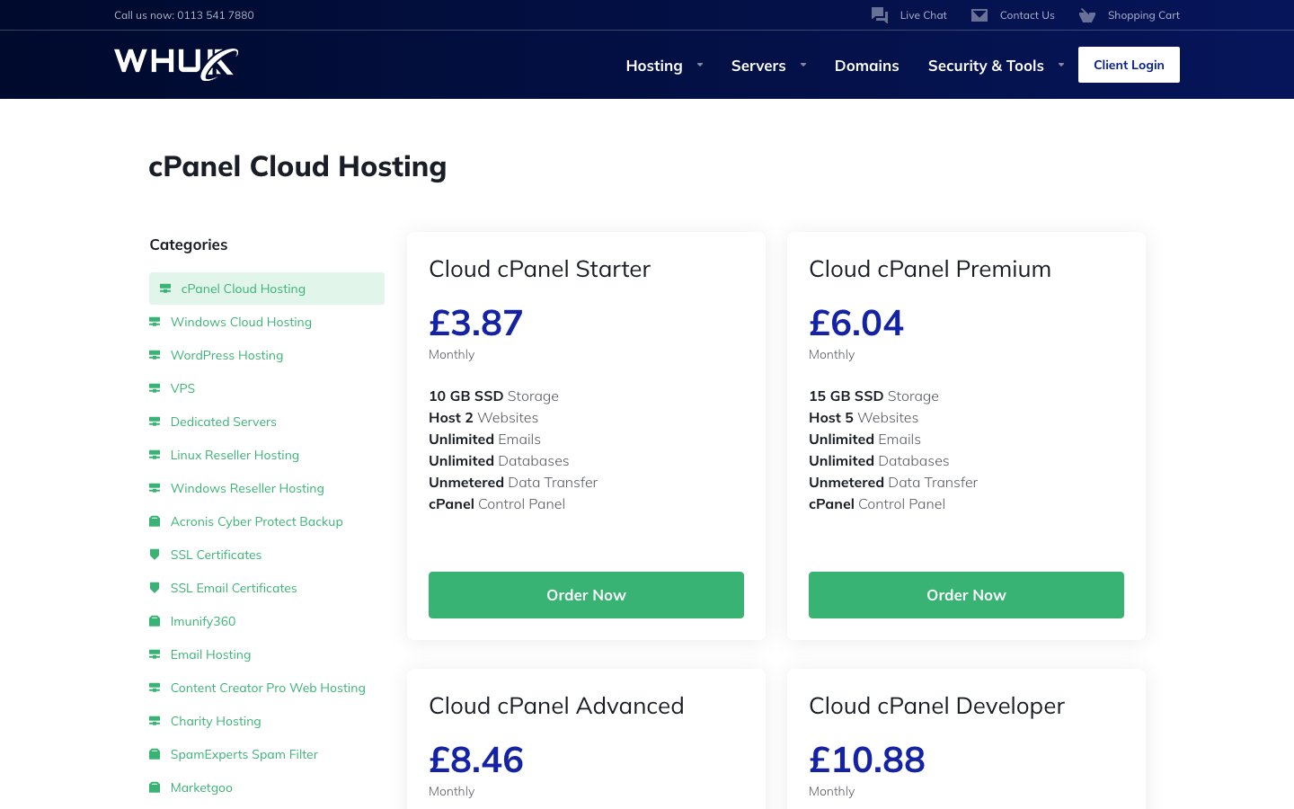 Web Hosting UK (WHUK) public page captured in a desktop browser