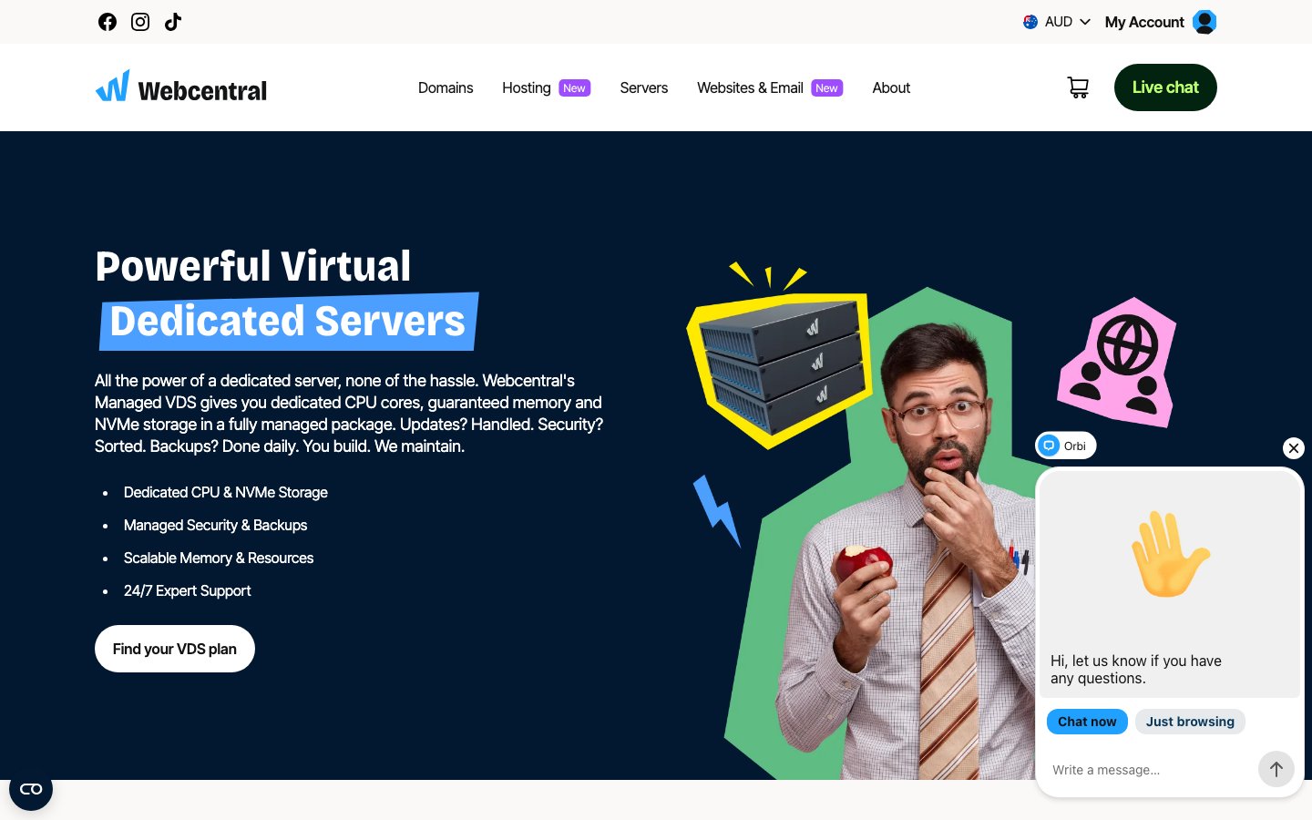 Webcentral public page captured in a desktop browser