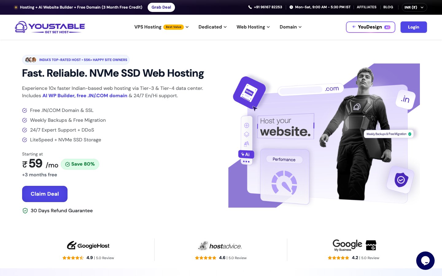 YouStable public page captured in a desktop browser