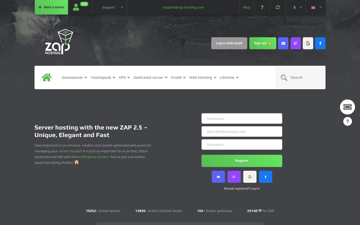 ZAP-Hosting public page captured in a desktop browser