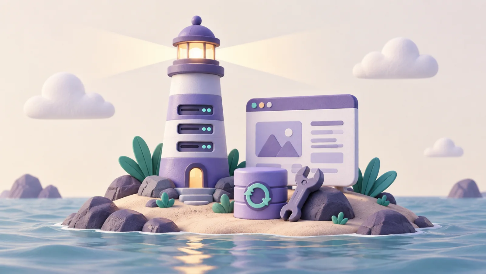 A lighthouse-shaped cloud server illuminates a website beside backup and maintenance tools.