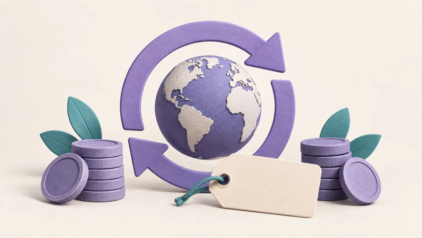 A domain globe inside a renewal arrow sits between two coin stacks and a blank price tag.