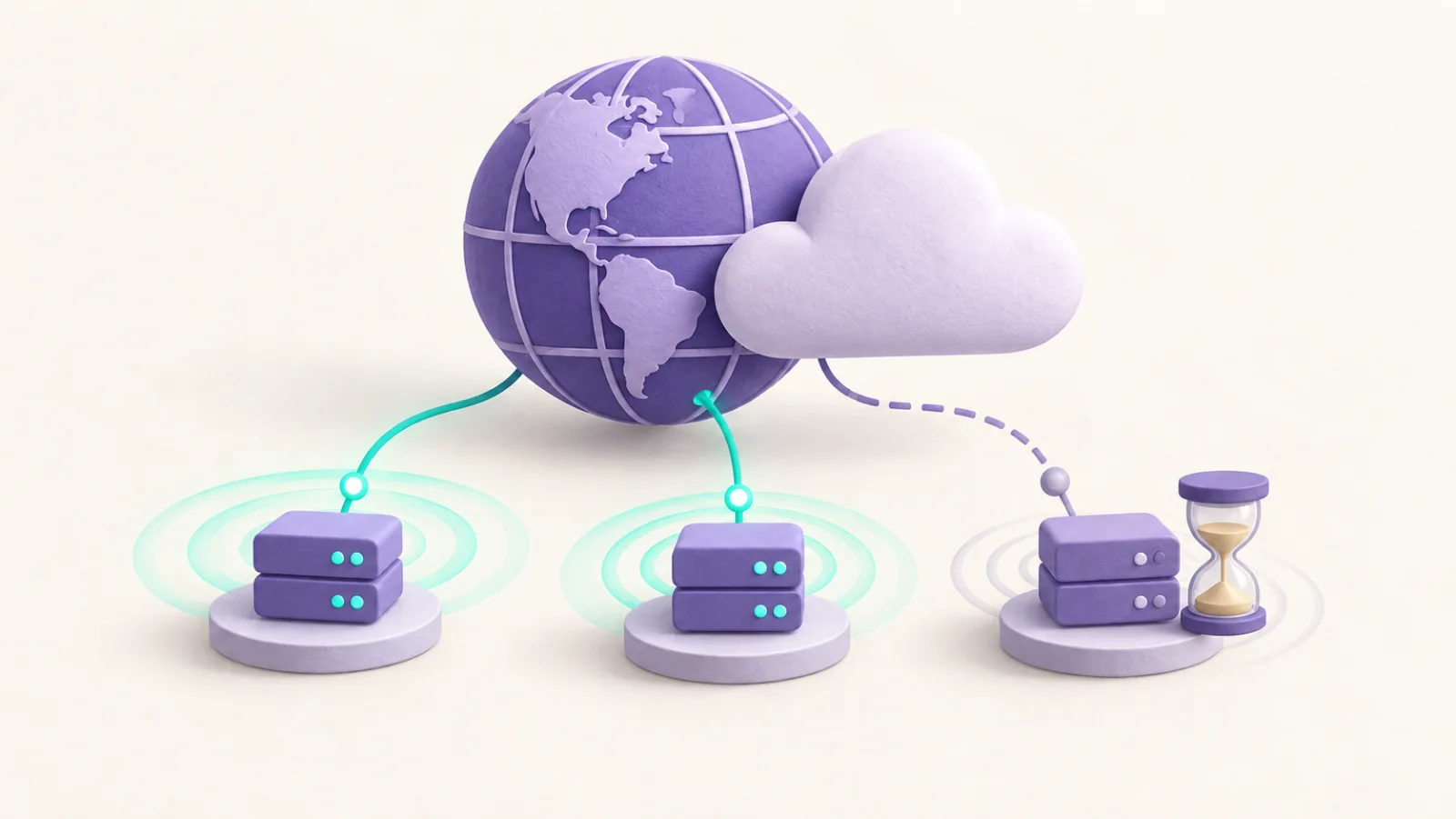 DNS ripples spread from a globe and cloud toward network nodes beside an hourglass.