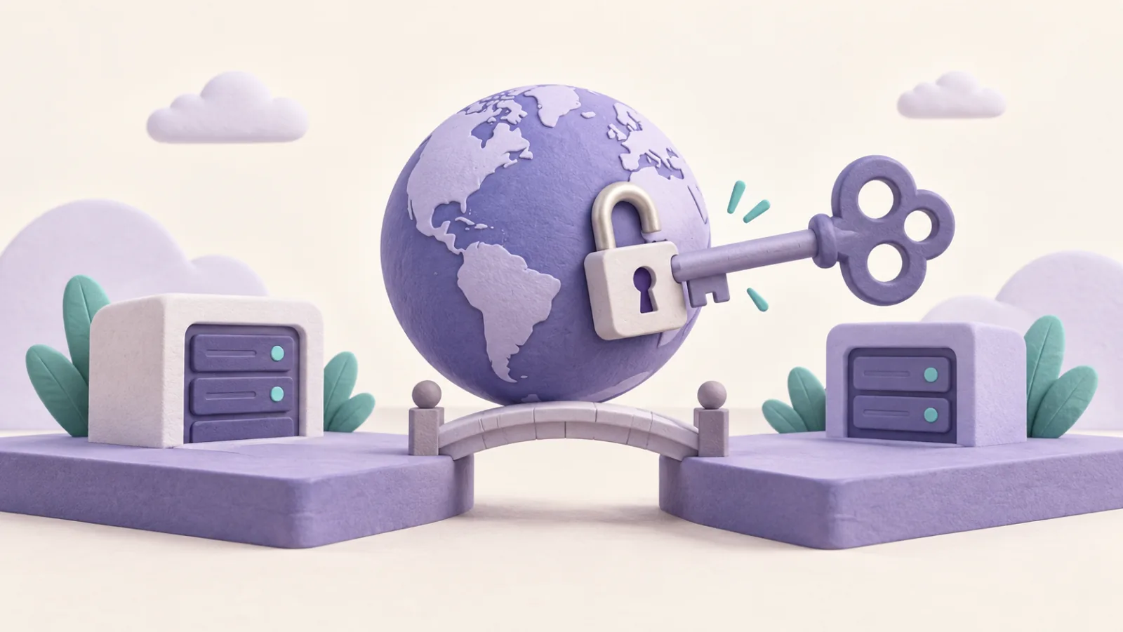 A key unlocks a padlock on a domain globe between two registration platforms.