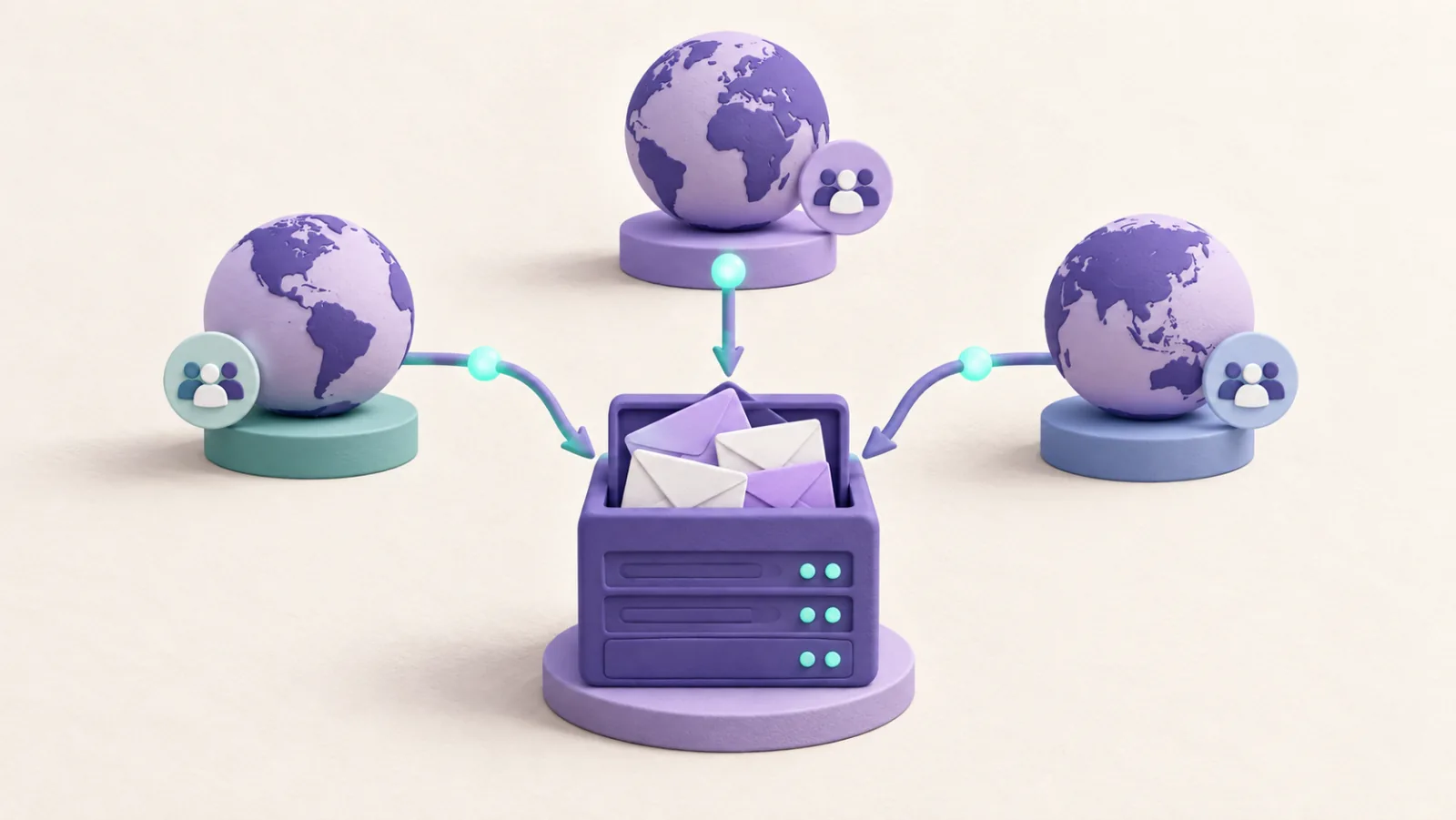 Three domain globes connect to a central hub holding email envelopes.