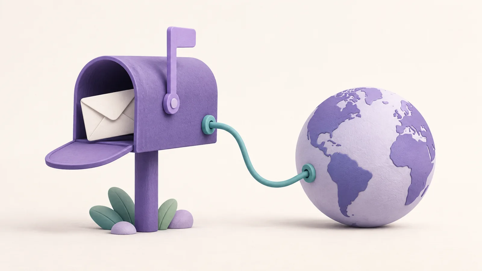 A standalone mailbox connects directly to a globe representing a custom domain.