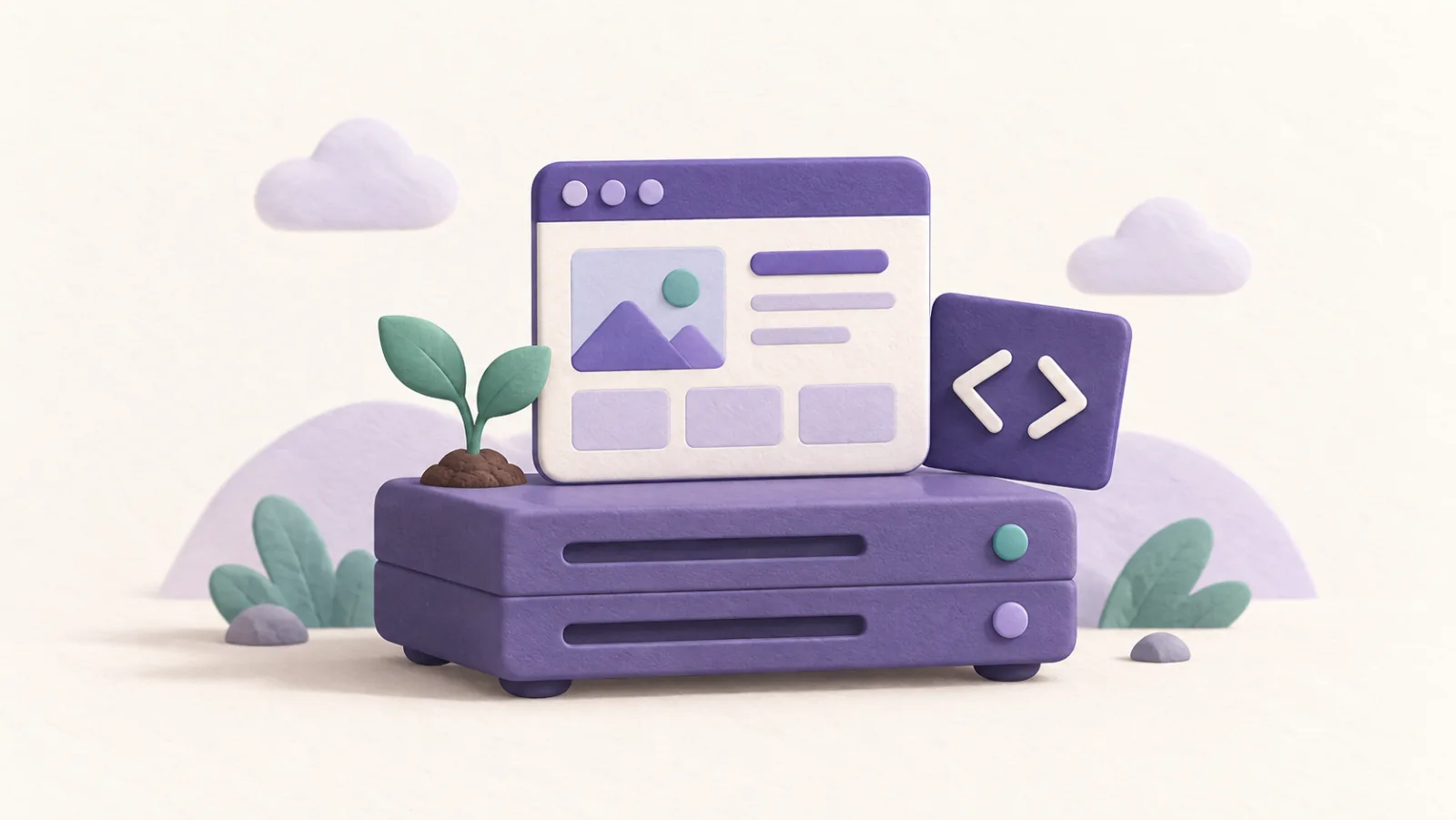 A small website and code card sit on a simple hosting platform beside a seedling.