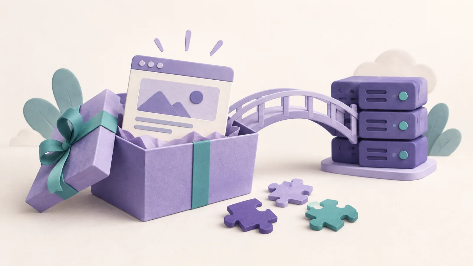 A website emerges from a gift box beside a bridge and loose setup pieces.
