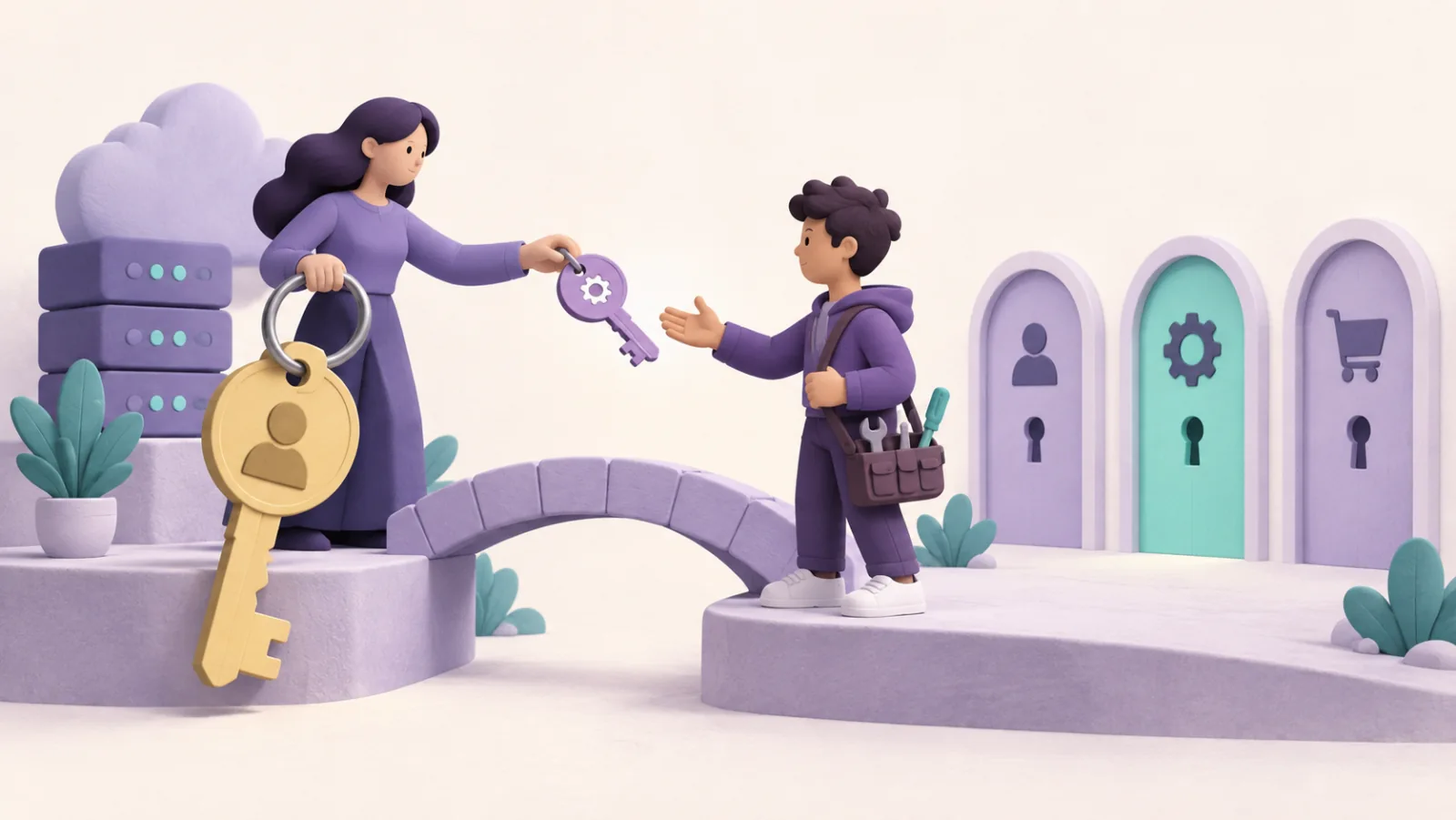 An owner hands a developer a limited access key while keeping the master key.