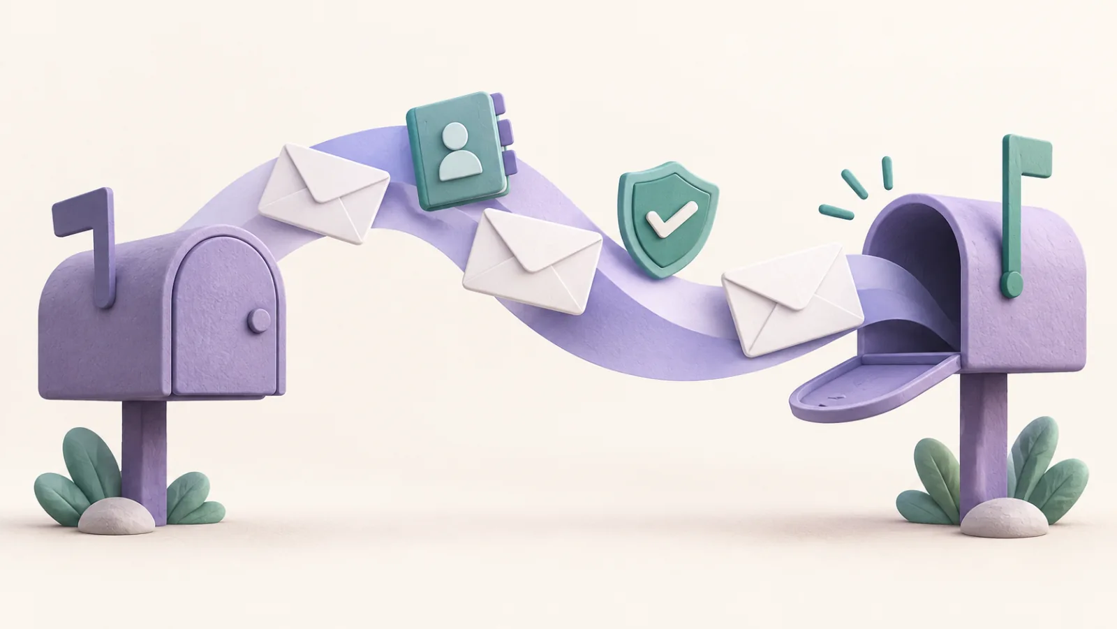 Envelopes and an address book move along a ribbon between two mailboxes.