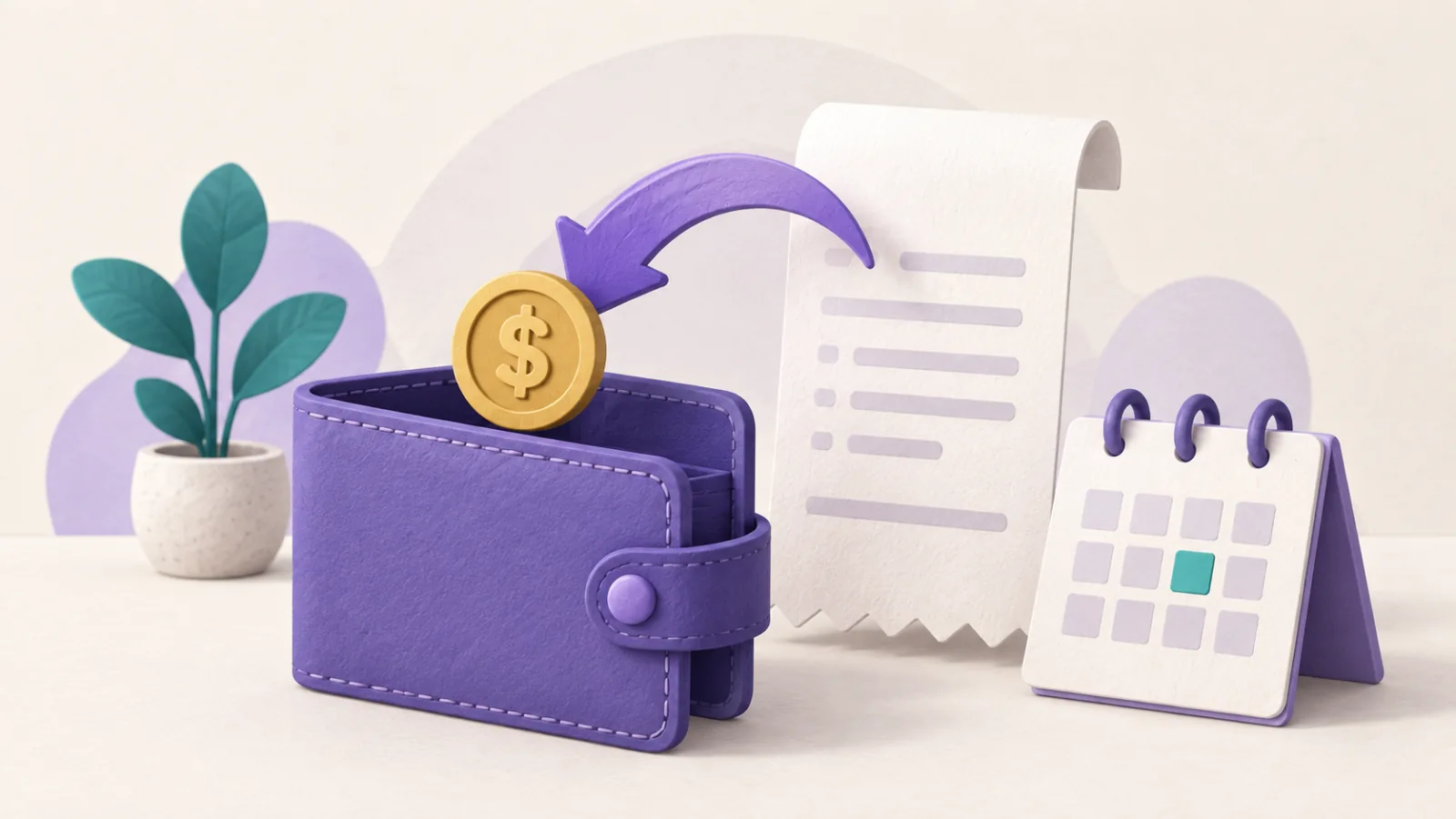 A return arrow carries a coin from a receipt to a wallet beside a calendar.